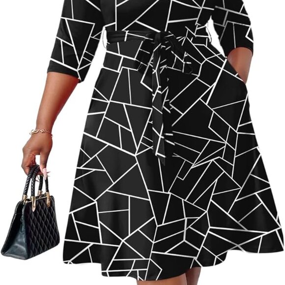 Plus Size Midi Dress for Women - Printing Summer Dresses for Wedding Guest Cockt - Picture 7 of 9